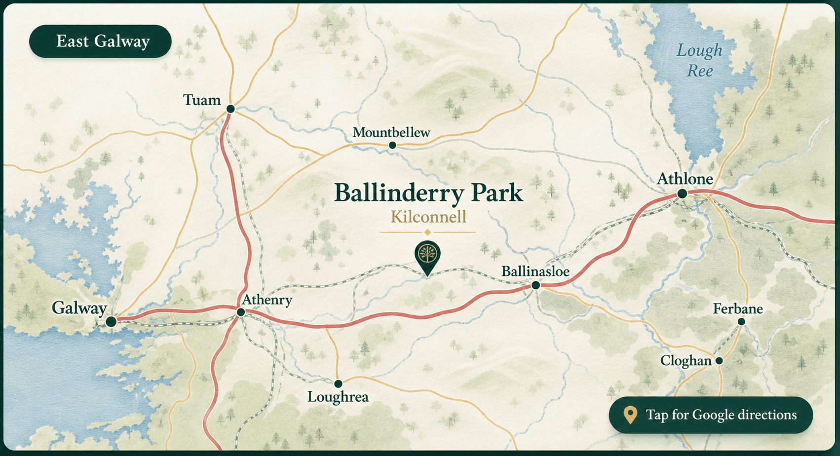Map showing Ballinderry Park's location in East Galway