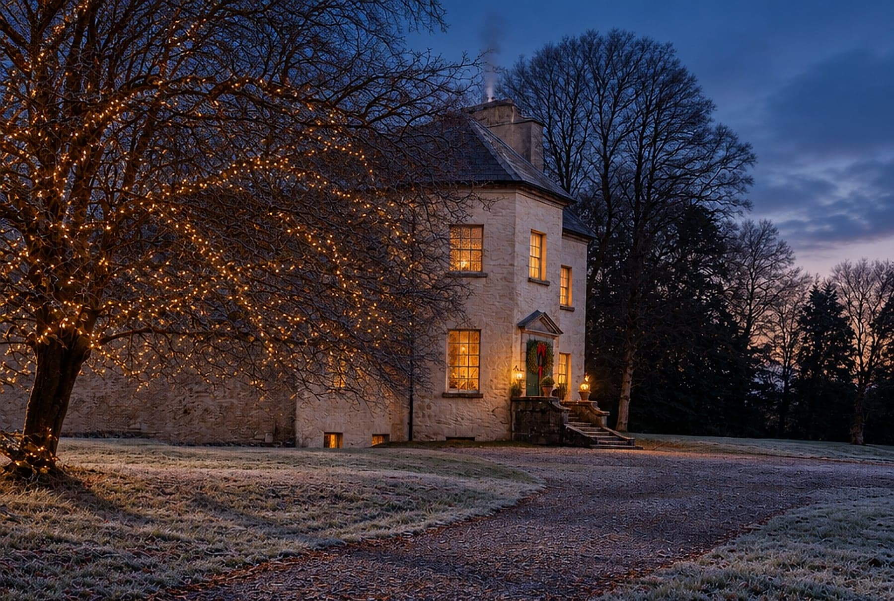 The front of Ballinderry Park, a Georgian manor in County Galway, at dusk and dressed for Christmas